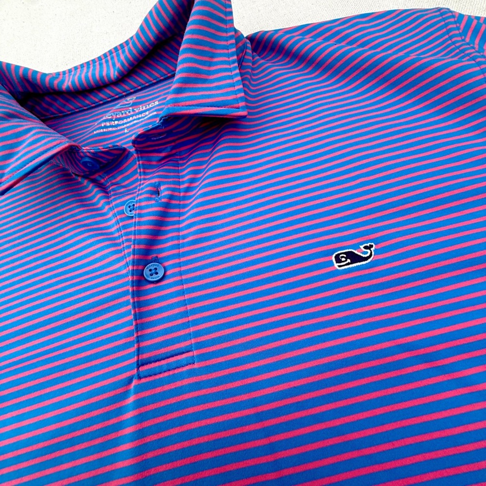 Vineyard Vines Performance Polo Shirt Mens Large Blue Pink Striped Short Sleeve - Picture 3 of 8
